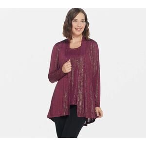Susan Graver Foil Print Cardigan NWT Womens Large Burgundy Shimmer Open Front